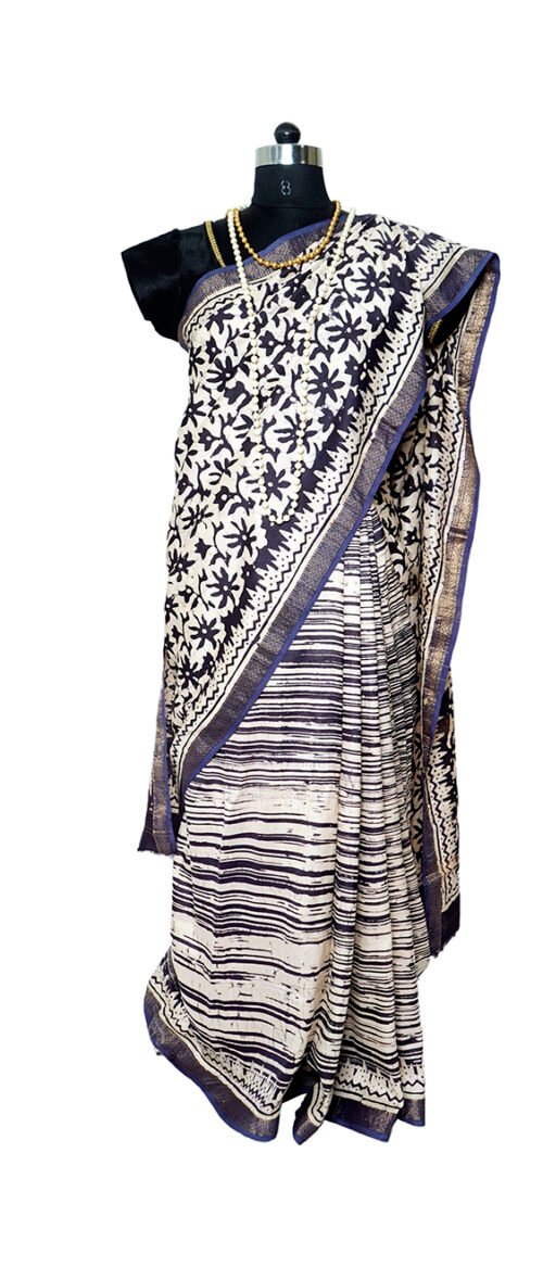 URVA'S Batik Pure Mulberry Silk Saree Nevy Blue