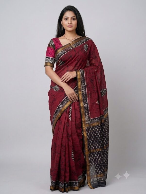 URVA'S  Batik Maheshwari Cotton Silk Saree Maroon