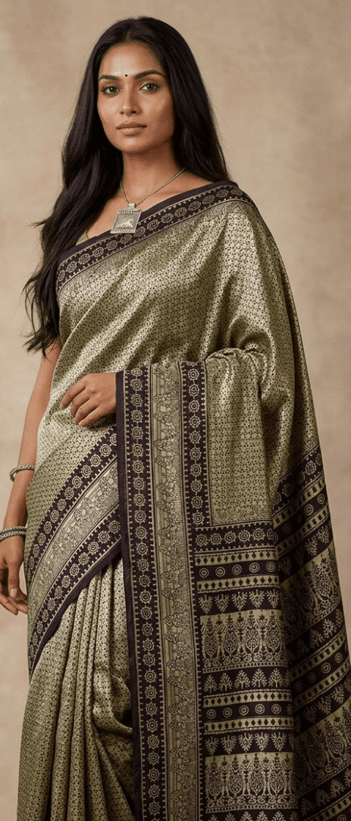 URVA'S Bagh  Pure Mulberry Silk Saree Khakhi