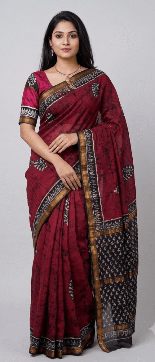 URVA'S  Batik Maheshwari Cotton Silk Saree Maroon