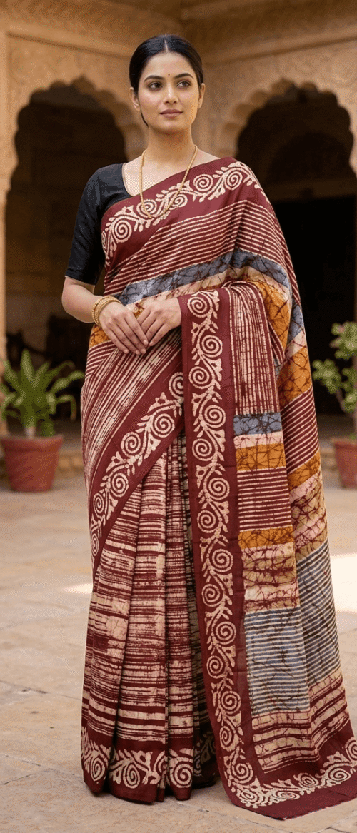 URVA'S Batik Pure  Mulberry Silk Saree Meroon