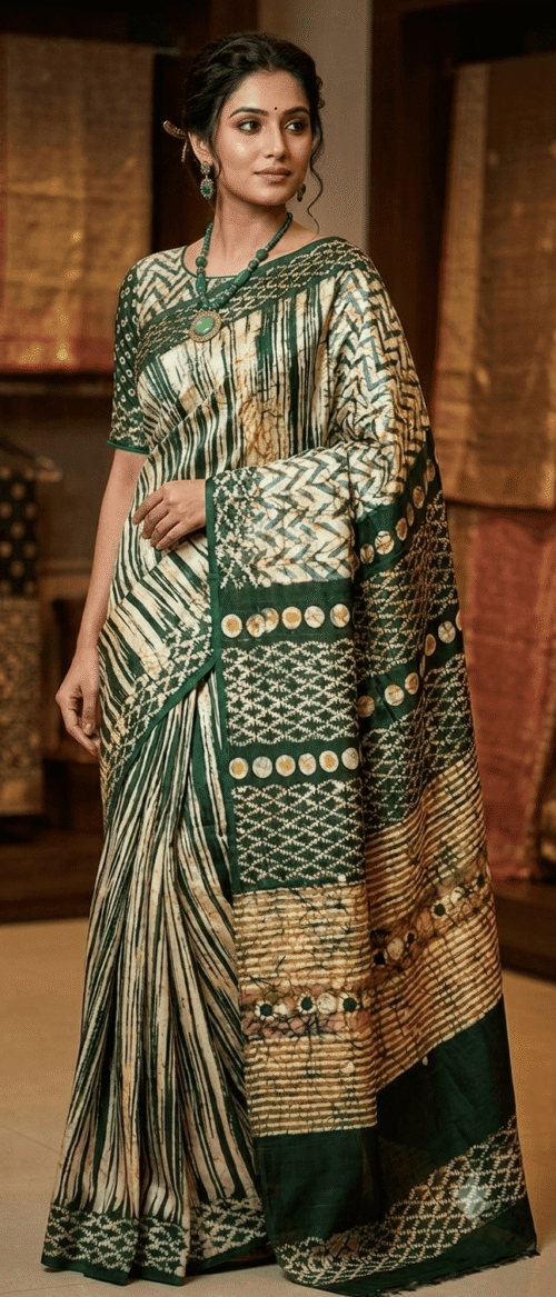 URVA'S Batik  Pure  Mulberry Silk Saree Green