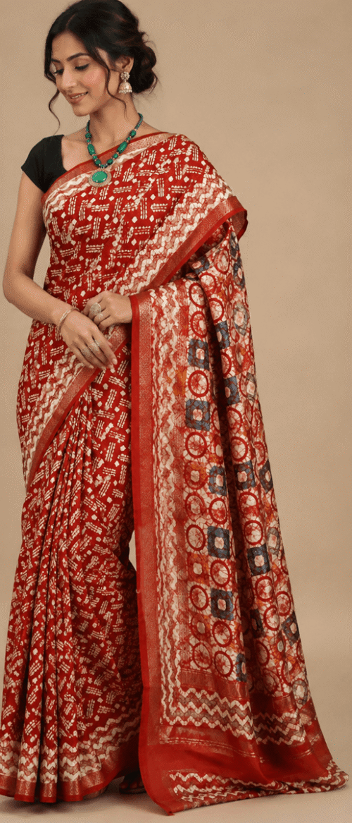 URVA'S Batik  Pure Mulberry Silk Saree Red
