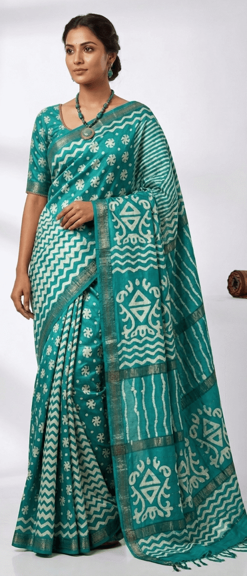 URVA'S  Batik Pure Mulberry Silk Saree Teal Green
