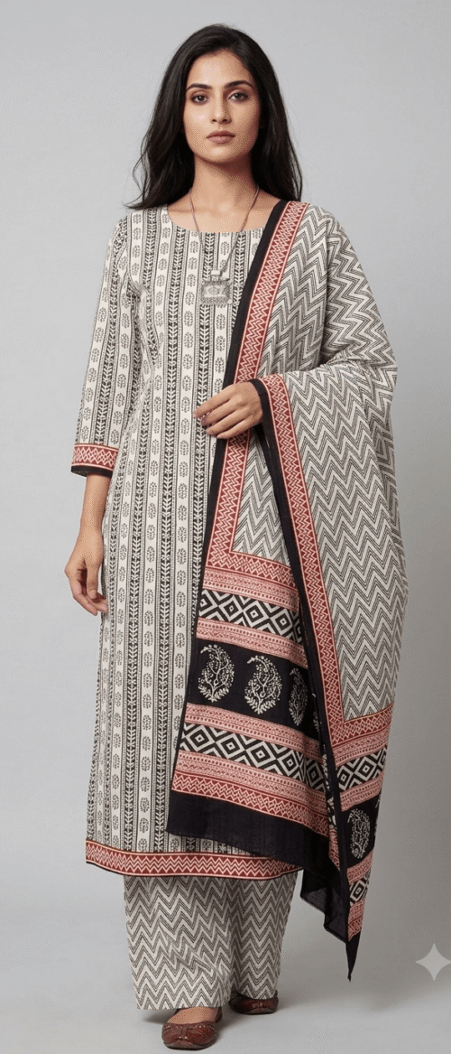 Bagh  Suit 3 Piece Dress Material White and Black