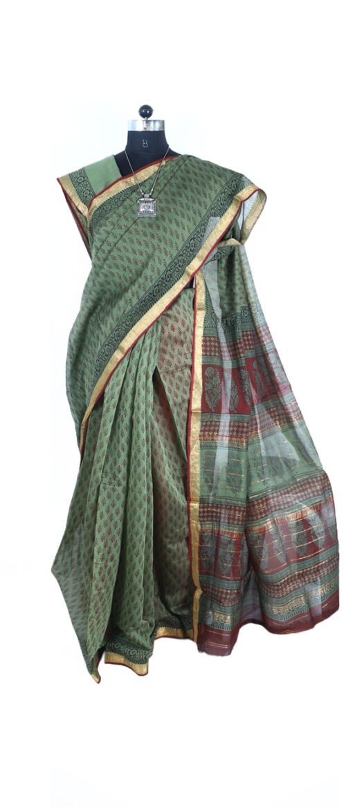 URVA'S Hand Bagh Maheshwari Cotton Silk Shade of Khakhi