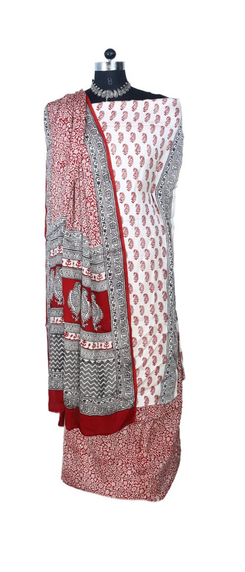 Bagh Print Dress Material Off White And Red