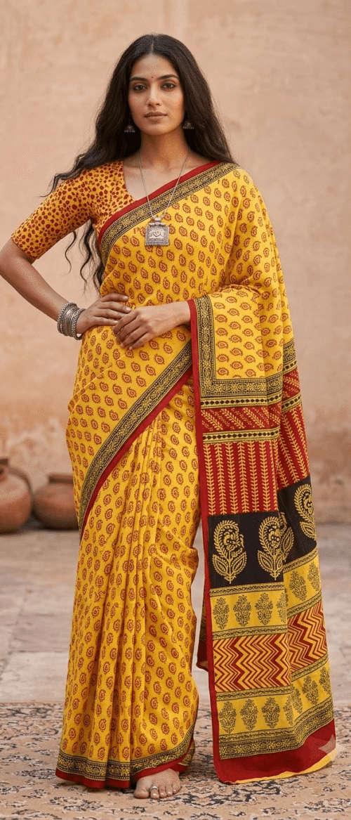 URVA'S Hand Bagh Mul Cotton Saree Mustard