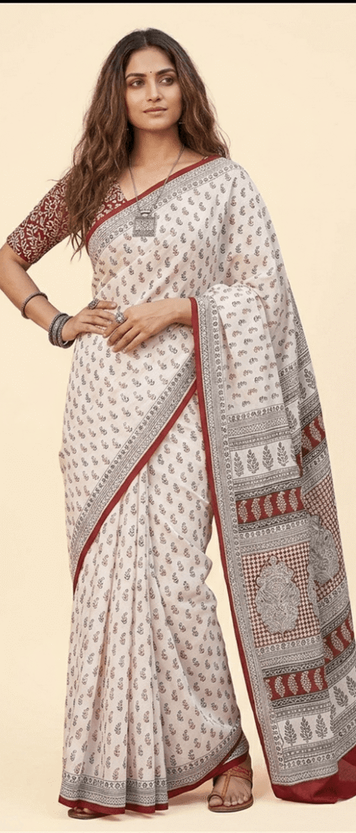 URVA'S Hand Bagh Mul Cotton Saree Off White