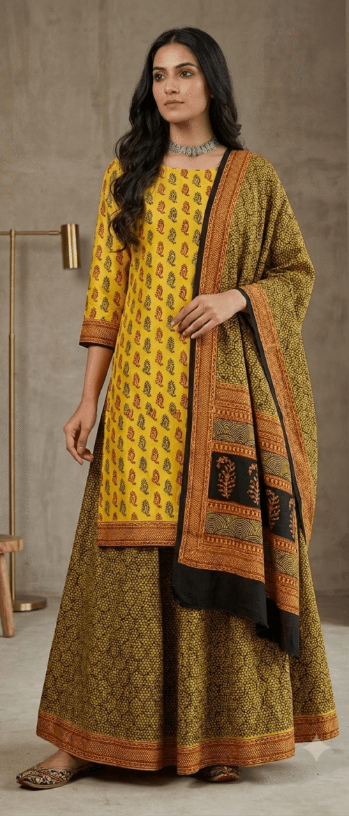 Bagh Print Dress Material Mustard  Yellow