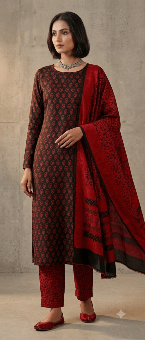 Bagh Print Dress Material Meroon and Black