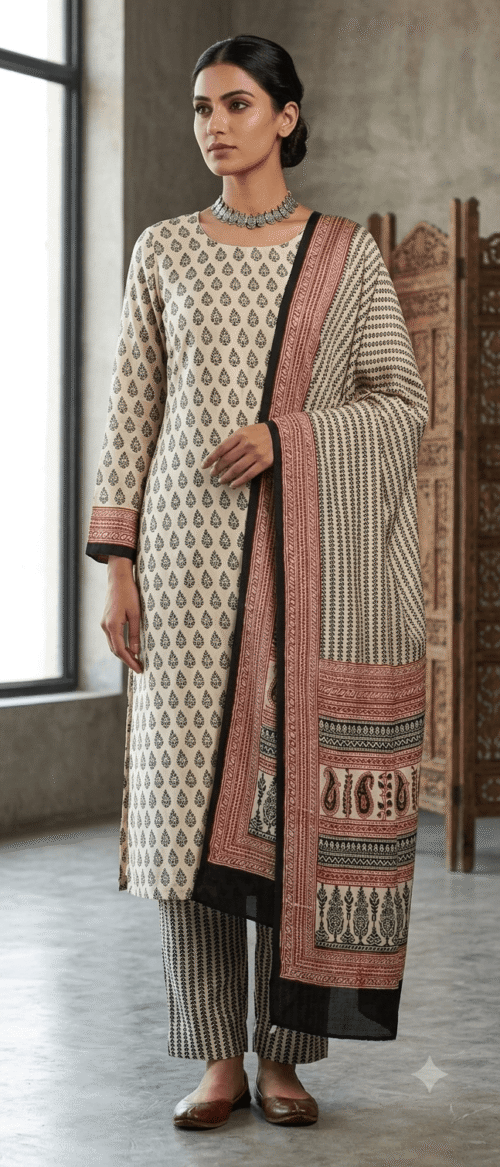 Bagh Print Dress Material Off White And Black