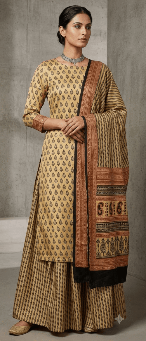 Bagh Print Dress Material Baige And Black