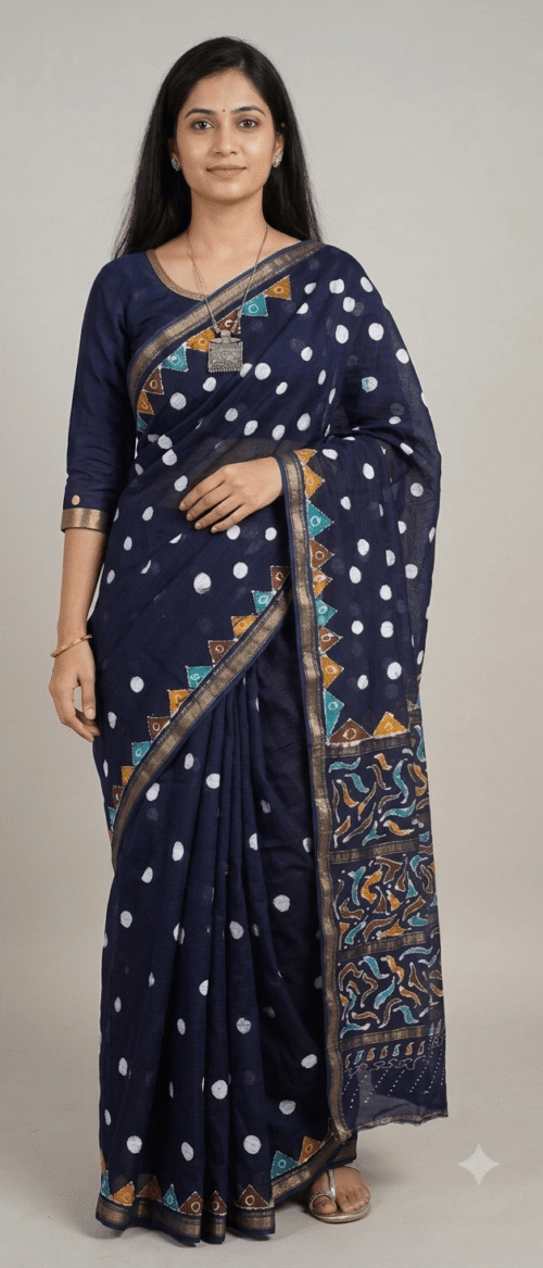 URVA'S Hand Batik Maheshwari Cotton Silk Saree Nevy Blue