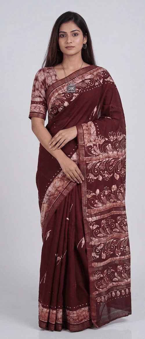 URVA'S Hand Batik Maheshwari Cotton Silk Saree Dark Meroon