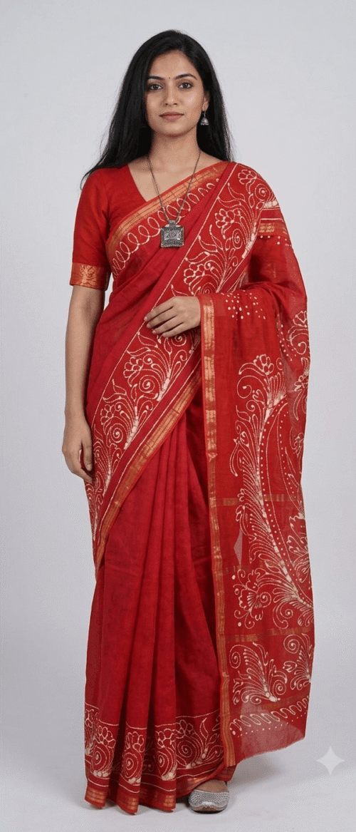 URVA'S Hand Batik Maheshwari Cotton Silk Saree Red