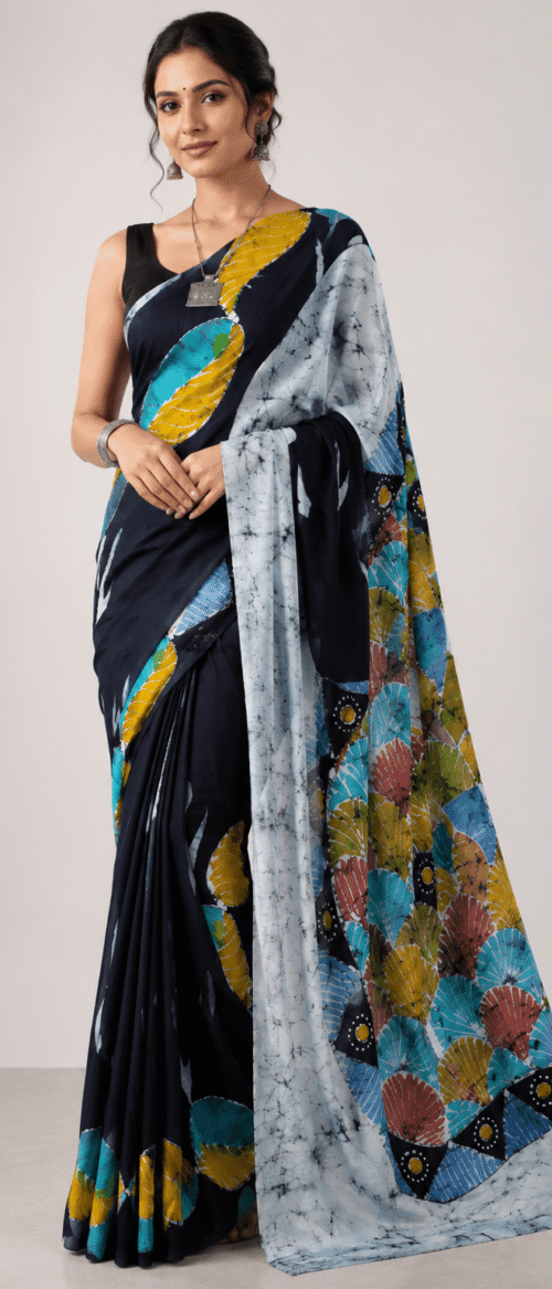 URVA'S Hand Batik Silk Saree Black