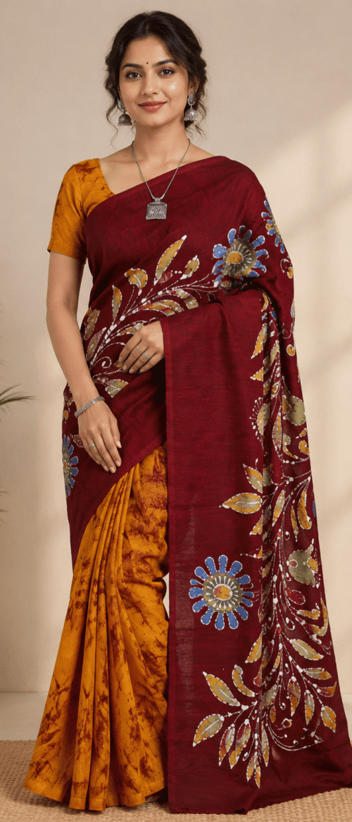 URVA'S Hand Batik Silk Saree Mustard and Meroon