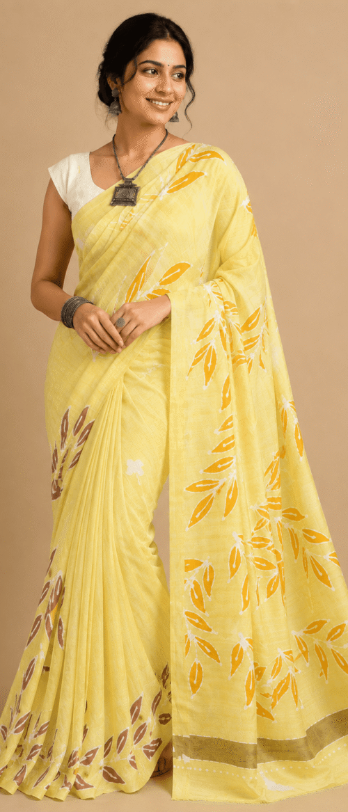 URVA'S Hand Batik Silk Saree Yellow