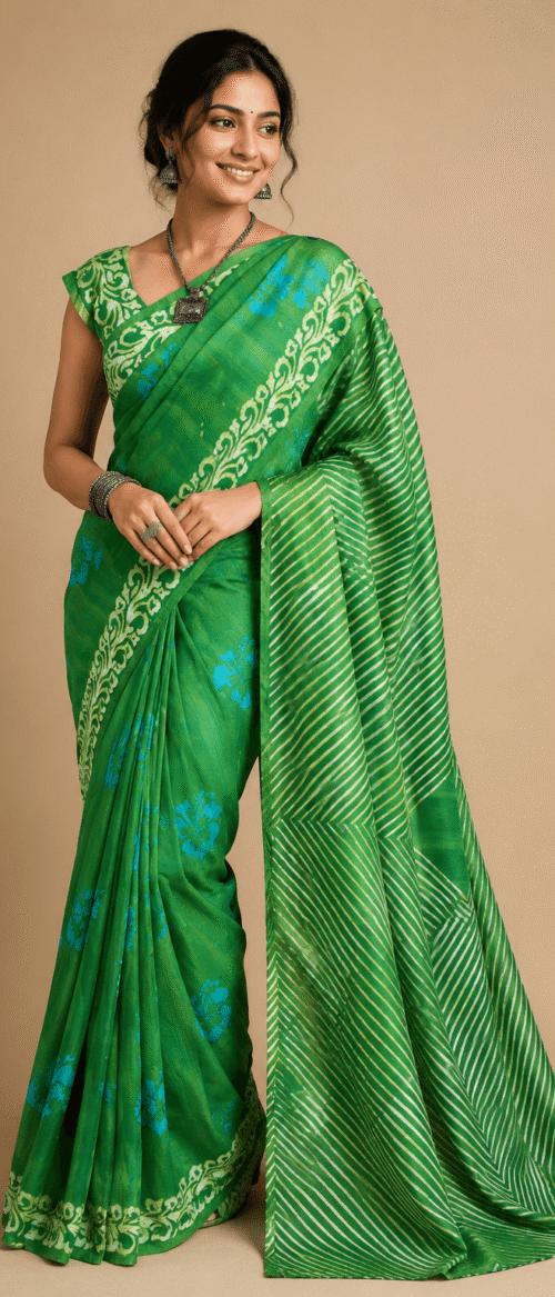URVA'S Hand Batik Silk Saree Green