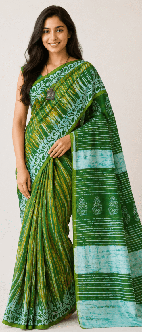 URVA'S Hand Batik Silk Saree Green
