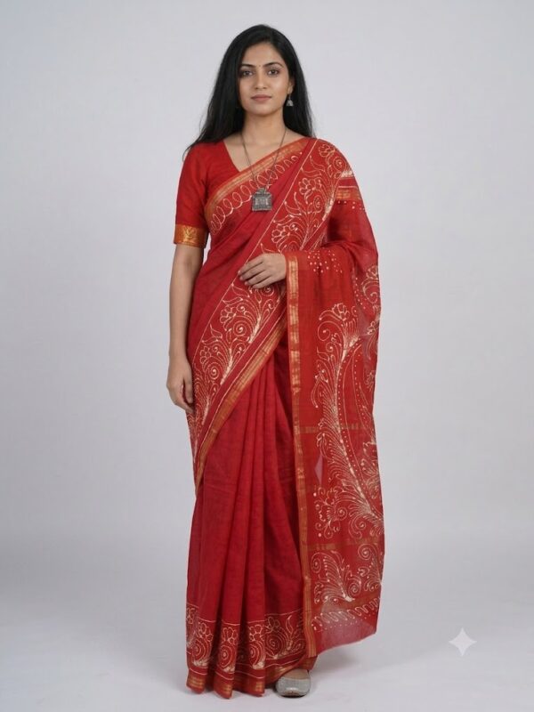 URVA'S Hand Batik Maheshwari Cotton Silk Saree Red