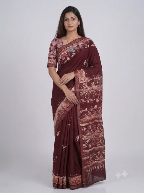 URVA'S Hand Batik Maheshwari Cotton Silk Saree Dark Meroon