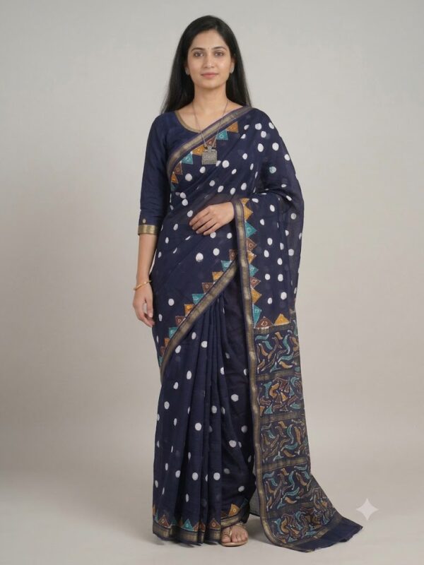 URVA'S Hand Batik Maheshwari Cotton Silk Saree Nevy Blue
