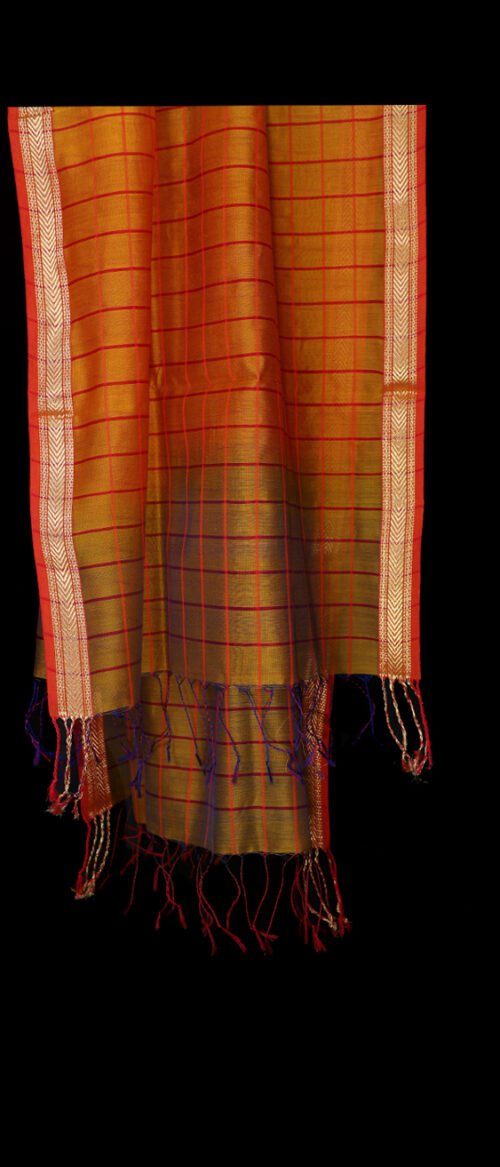 Handloom Maheshwari Stole Khaki and Orange Checks