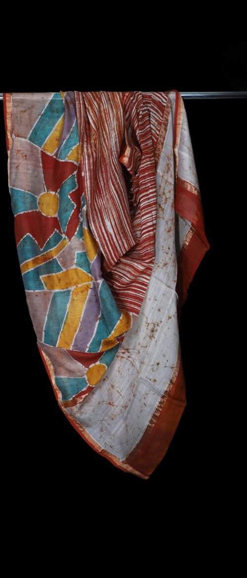 Handloom Chanderi Batik Stole Abstract Design Brown Brush Effect
