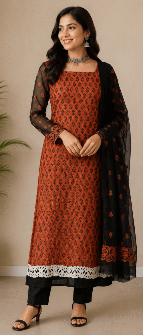 Bagh 2 Piece Kurta Dupatta Unstitched Material Meroom and Black