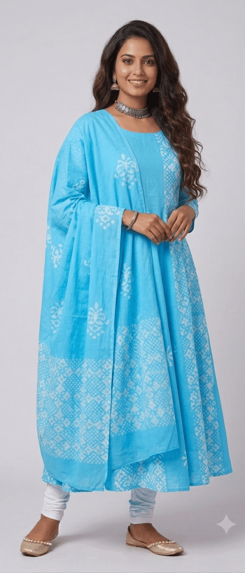 Batik 2 Piece Kurta Dupatta Unstitched Anarkali Pattern Ferozi
