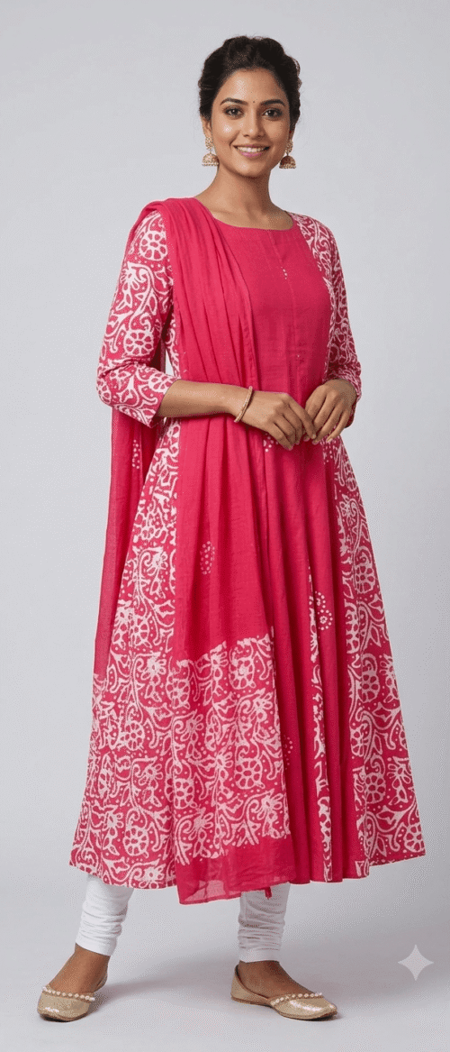 Batik 2 Piece Kurta Dupatta Unstitched Anarkali Pattern Pink
