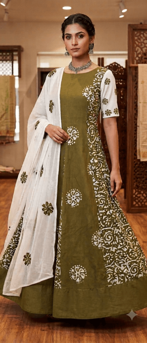 Batik 2 Piece Kurta Dupatta Unstitched Anarkali Pattern Olive Green