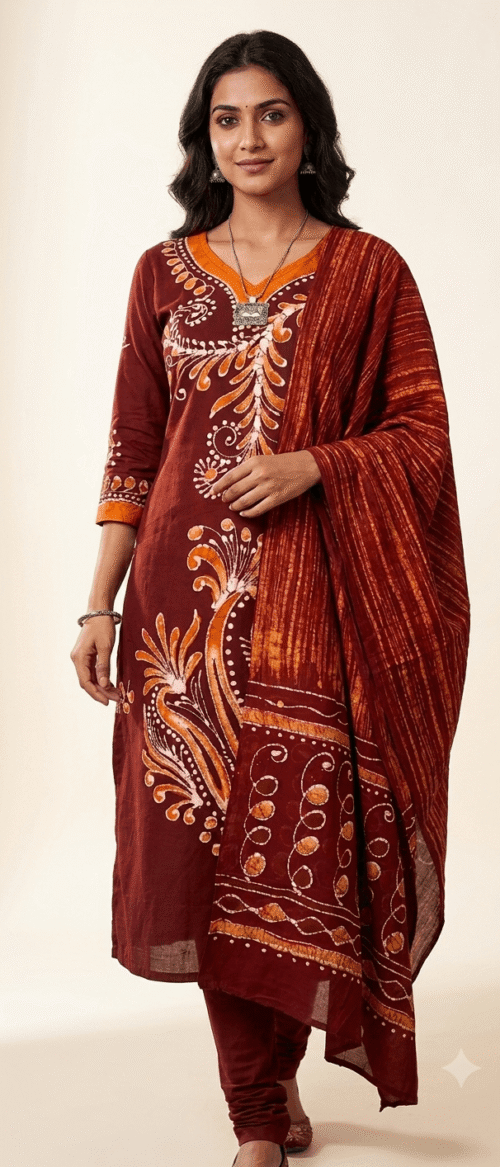 Batik 2 Piece  Kurta Dupatta Material Brown