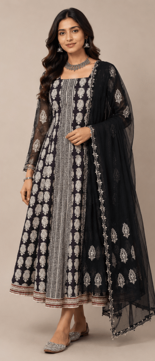 Bagh 2 Piece Kurta Dupatta Unstitched Material Black And Off White