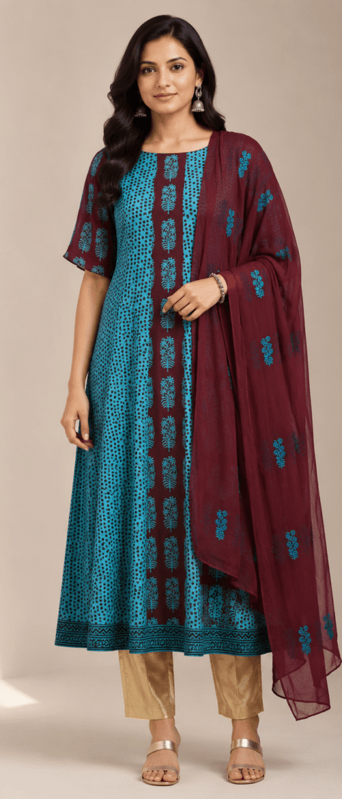 Bagh 2 Piece Kurta Dupatta Unstitched Material Teal And Meroon