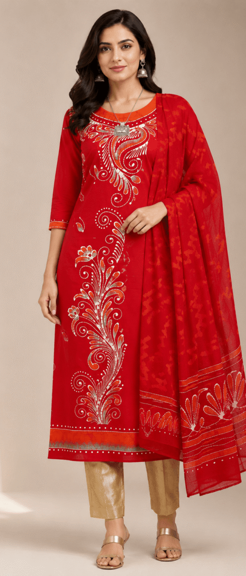 Batik 2 Piece Kurta Dupatta Material Red