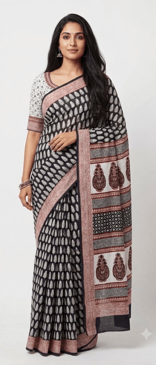 URVA’S Hand Bagh Mul Cotton Saree Meroon Black