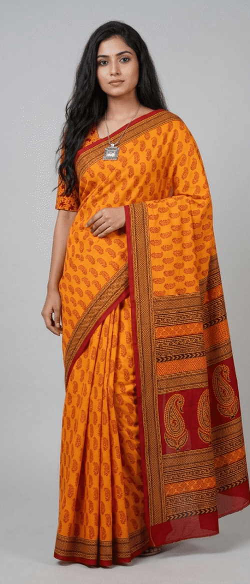 URVA'S Hand Bagh Mul Cotton Saree Brick Red