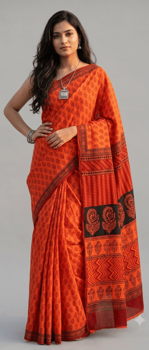 URVA'S Hand Bagh Mul Cotton Saree Brick Red