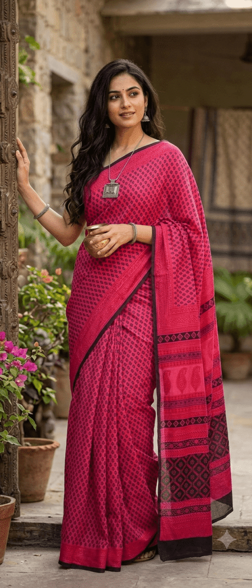 URVA'S Hand Bagh Mul Cotton Saree Shade of Pink