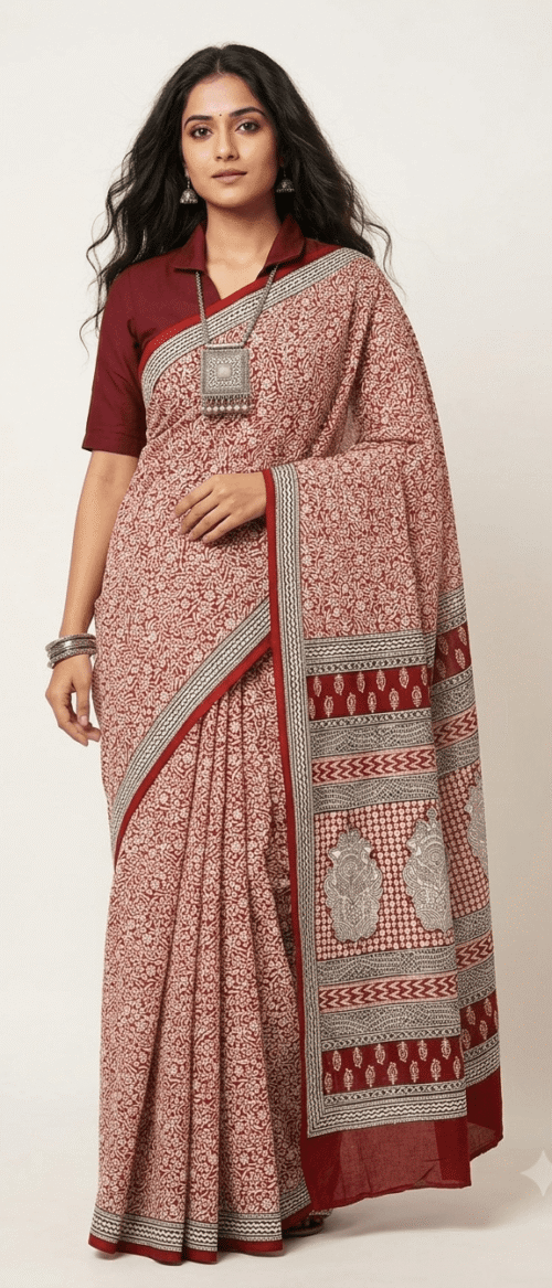URVA'S Bagh Mul Cotton Saree Off White