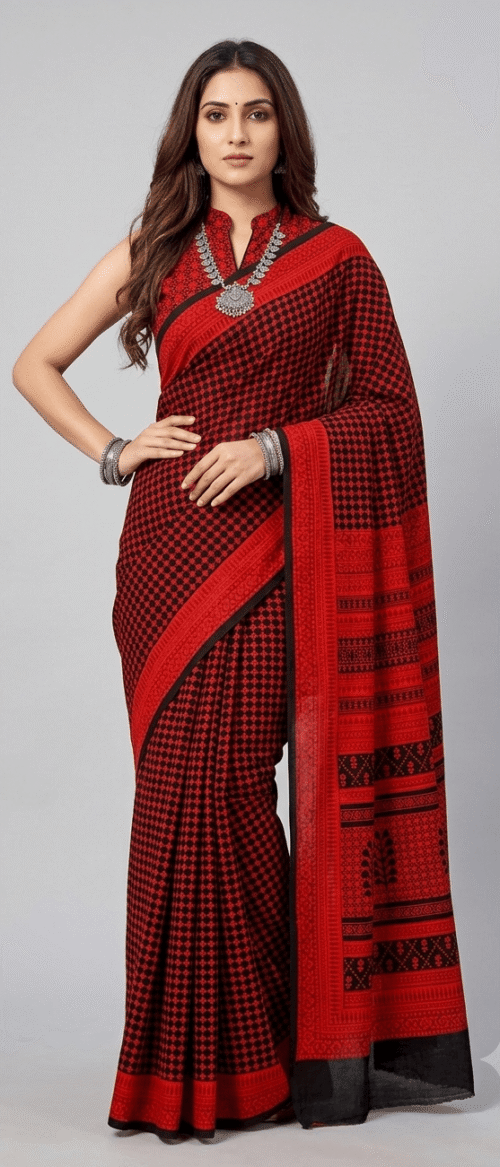 URVA'S Bagh Mul Cotton Saree Brick Red