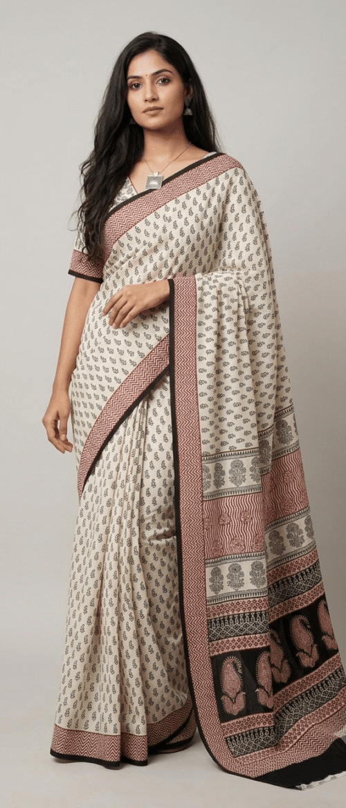 URVA'S Bagh Mul Cotton Saree White Black