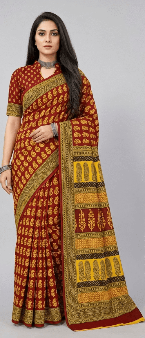 URVA'S Bagh Mul Cotton Saree Maroon