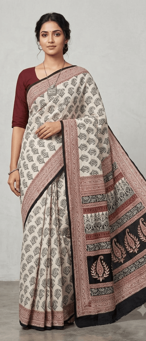 URVA'S Bagh Mul Cotton Saree White Black