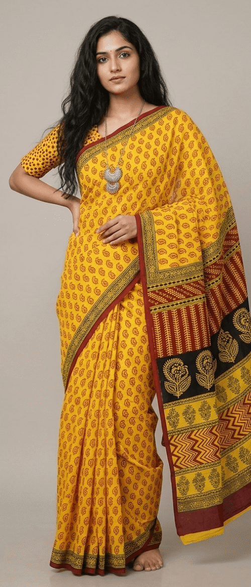 URVA'S Bagh Mul Cotton Saree Yellow