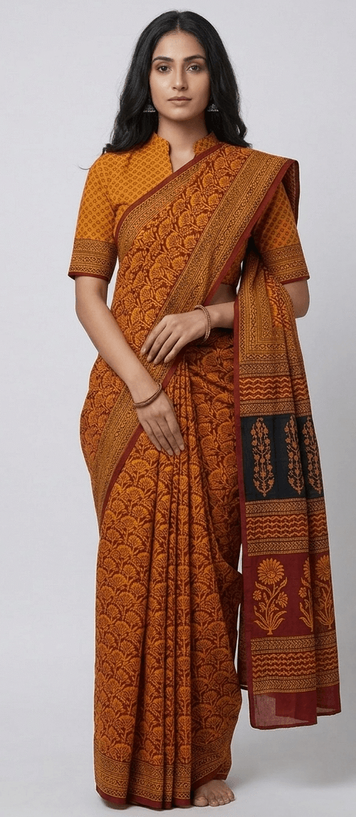 URVA'S Bagh Mul Cotton Saree Mustard