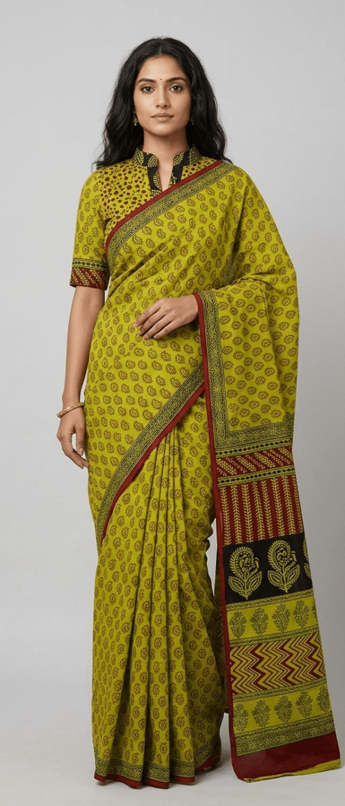 URVA'S Bagh Mul Cotton Saree Green